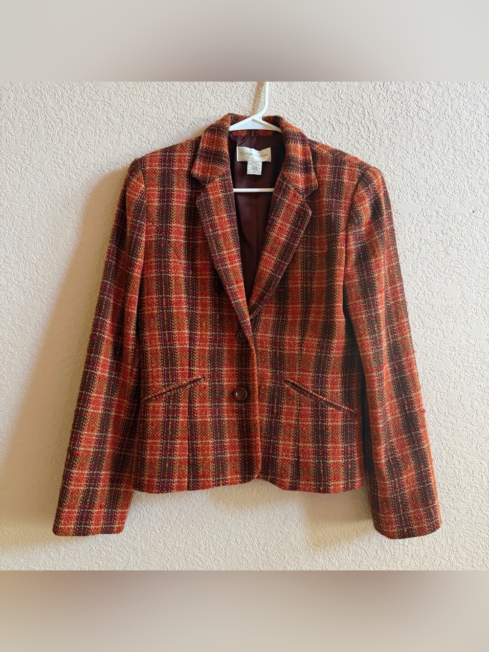 Vintage 90s Blazer Orange Brown Red Plaid Wool Tweed Jacket Sz 10 Casual Corner